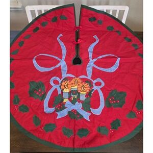 Vintage Christmas Tree Skirt‎ Candles Bow Holly Holiday Red Green 45" Handmade